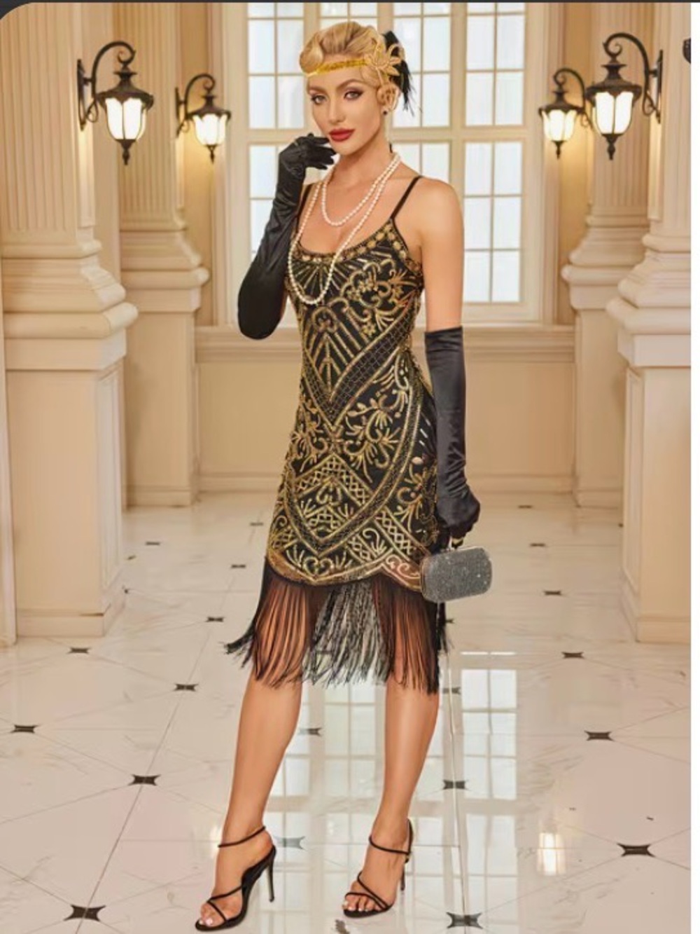 Black & Gold Beaded Fringe Midi Dress